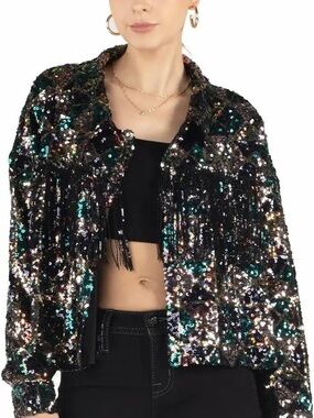 Miss Me Multicolor Sequin Fringe Jacket